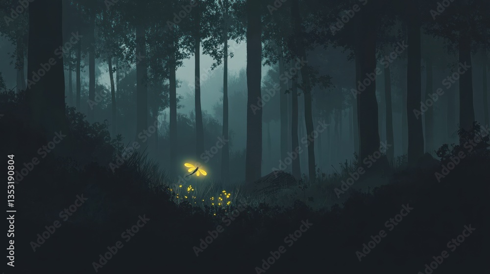 Fototapeta premium Glowing Dragonfly in Misty Forest