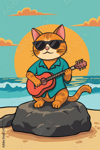 A cool cat plays guitar at the beach near the ocean