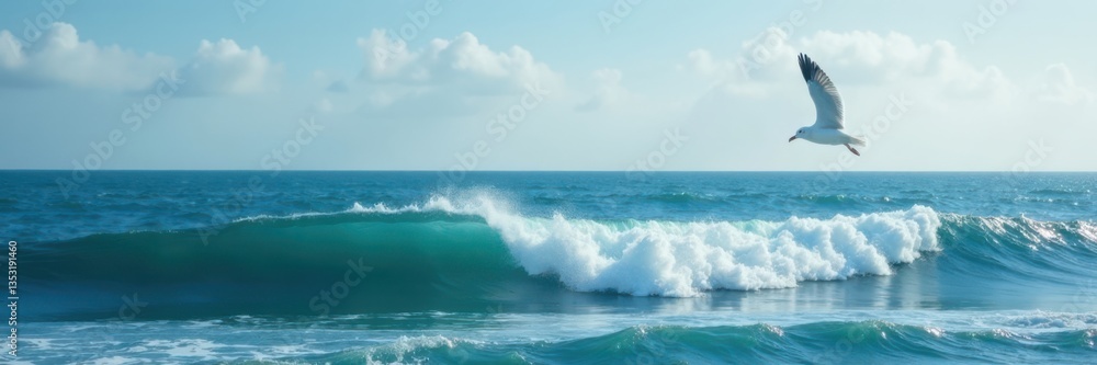 A seagull in mid-air with waves forming a crescent shape below it, coastal scenery, seagulls A seagull in mid-air with waves forming a crescent shape below it, coastal scenery, seagulls