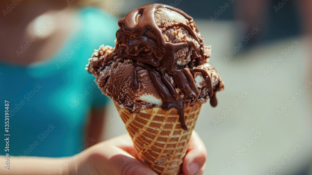 A child enjoying a chocolate-covered ice cream cone on a warm summer day.