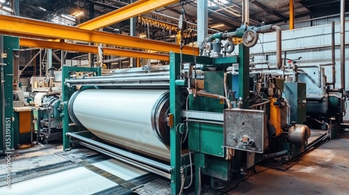 A busy industrial factory with large machines and materials being processed on the production line.