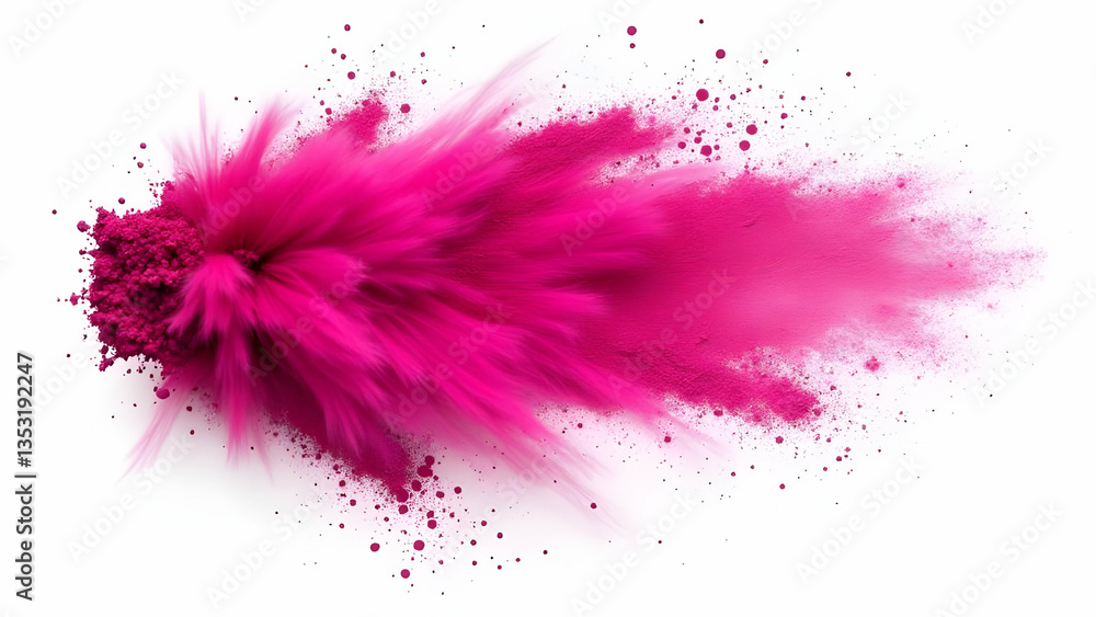 Vibrant Magenta Face Powder Stroke with Dynamic Explosive Color Burst on Clean White Surface Vibrant Magenta Face Powder Stroke with Dynamic Explosive Color Burst on Clean White Surface