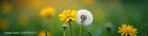 Delicate couple of dandelions standing side by side, wildflowers, kinda