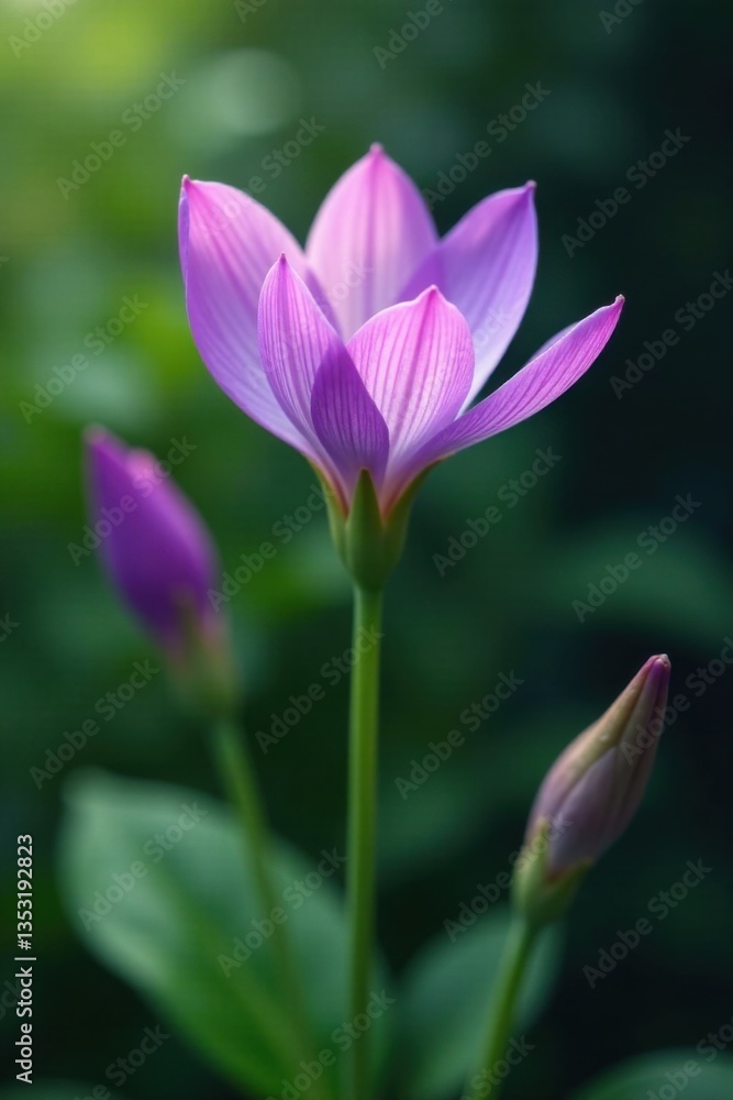 Delicate purple petals unfurl from a lush green stem amidst vibrant foliage, showcasing botanical beauty , garden, purple flowers, plant leaves Delicate purple petals unfurl from a lush green stem amidst vibrant foliage, showcasing botanical beauty , garden, purple flowers, plant leaves
