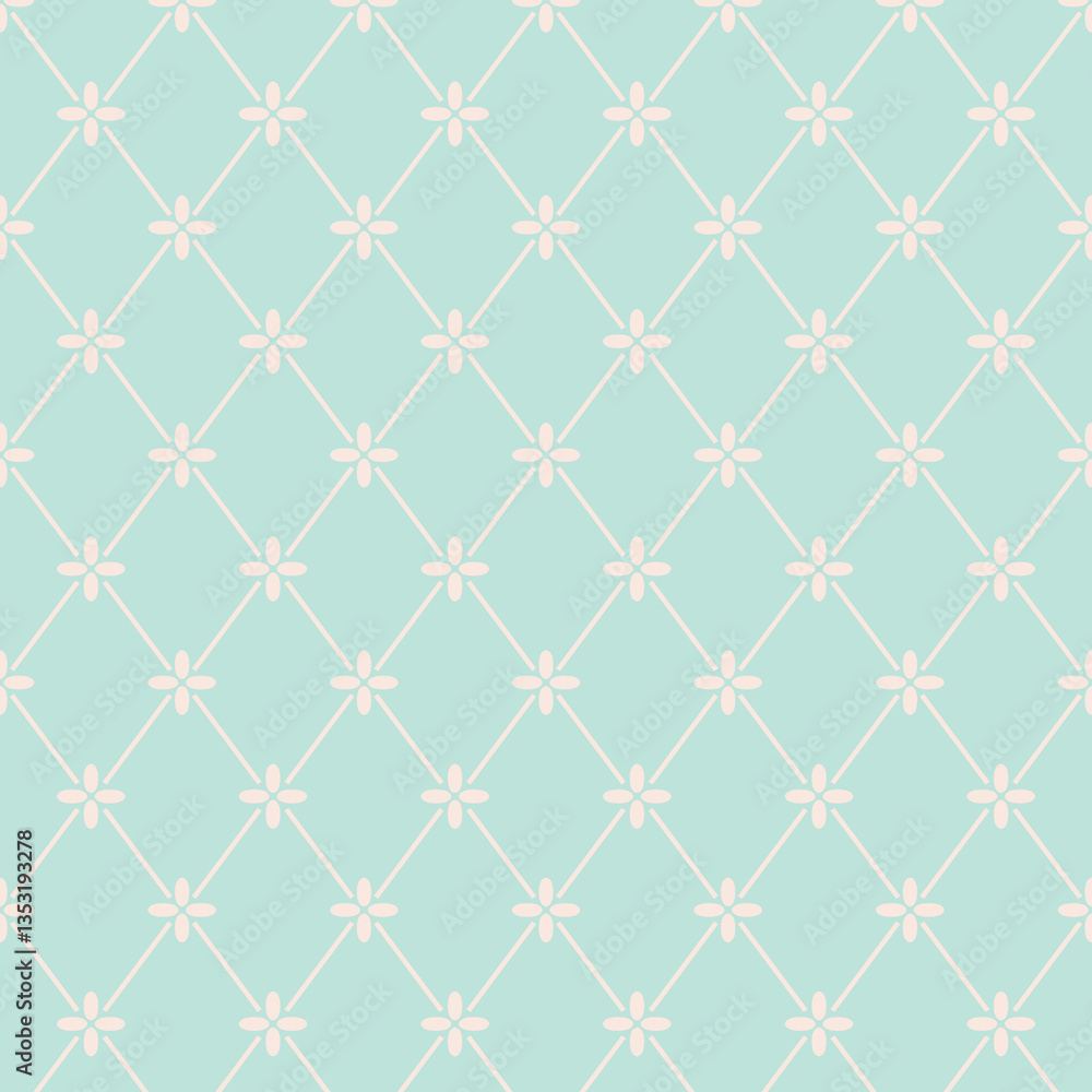 Fototapeta premium Seamless minimal floral lattice pattern with small white flower shapes on a soft mint background. Clean and airy design ideal for wallpapers, textiles, backgrounds, packaging, and modern decor.