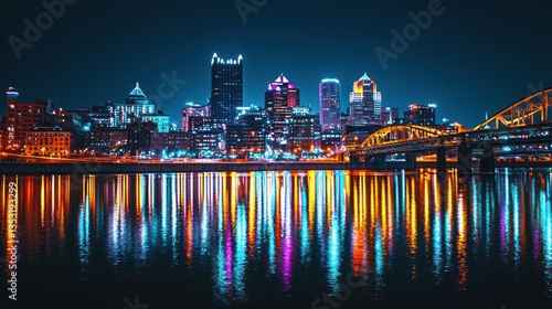 A city skyline illuminated at night with bright lights reflecting off the water.