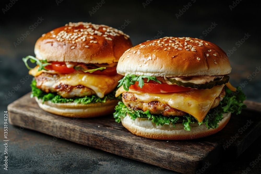 Two Delicious Chicken Burgers Displayed On A Wooden Board Two Delicious Chicken Burgers Displayed On A Wooden Board