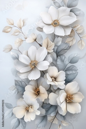 Delicate white flowers and grey leaves in a soft artful composition