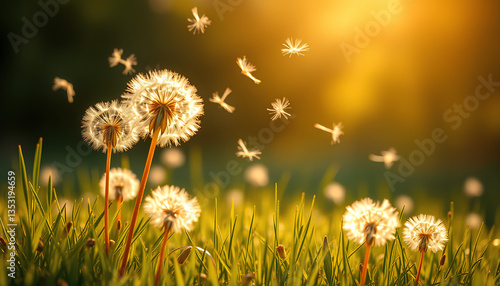 Whimsical scene of dandelion seeds flying over a meadow, their soft silhouettes glowing in warm sunlight 2 © Gyant
