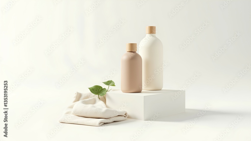 Minimalistic display of two bottles with bamboo lids beside a small plant and a towel on a white platform, showcasing a clean and modern aesthetic. Minimalistic display of two bottles with bamboo lids beside a small plant and a towel on a white platform, showcasing a clean and modern aesthetic.