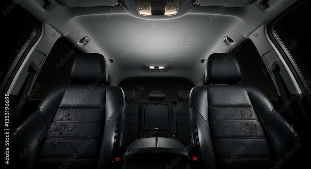 Car Interior View Showing Black Leather Seats and Interior Lighting Car Interior View Showing Black Leather Seats and Interior Lighting