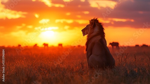 Majestic lion silhouetted against a vibrant sunset, overlooking a herd of wildebeest in the African savanna.