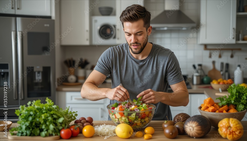 Fototapeta premium Healthy Cooking: Fresh Salad Preparation in Modern Kitchen