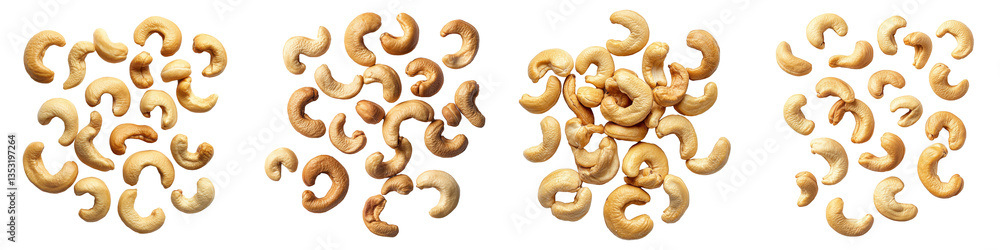 Obraz premium Four clusters of roasted cashews light brown, ready to eat nutritious healthy snack kernels