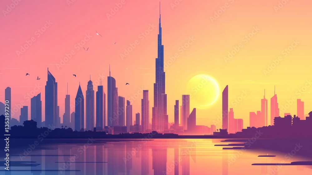 Obraz premium Dubai Skyline Sunrise Silhouette, Cityscape, Calm Water Reflection