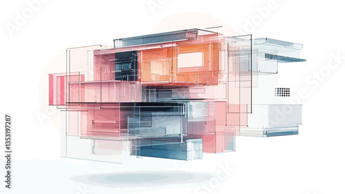 The image presents an abstract composition of various geometric shapes, primarily rectangular prisms and cubes, in shades of pink, orange, blue, and white.  These shapes appear translucent and
