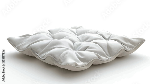 Close-up studio shot of a sculpted, off-white cushion or pillow form against a pure white background. The object has a soft, three-dimensional texture with puffy, rounded shapes creating a quilted