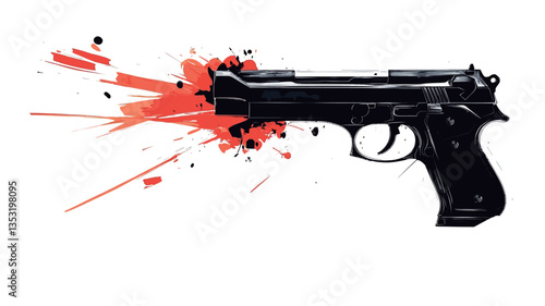 A digital illustration depicting a black semi-automatic handgun firing.  A stylized, abstract red and orange splatter pattern emanates from the muzzle, suggesting a gunshot. The image is rendered