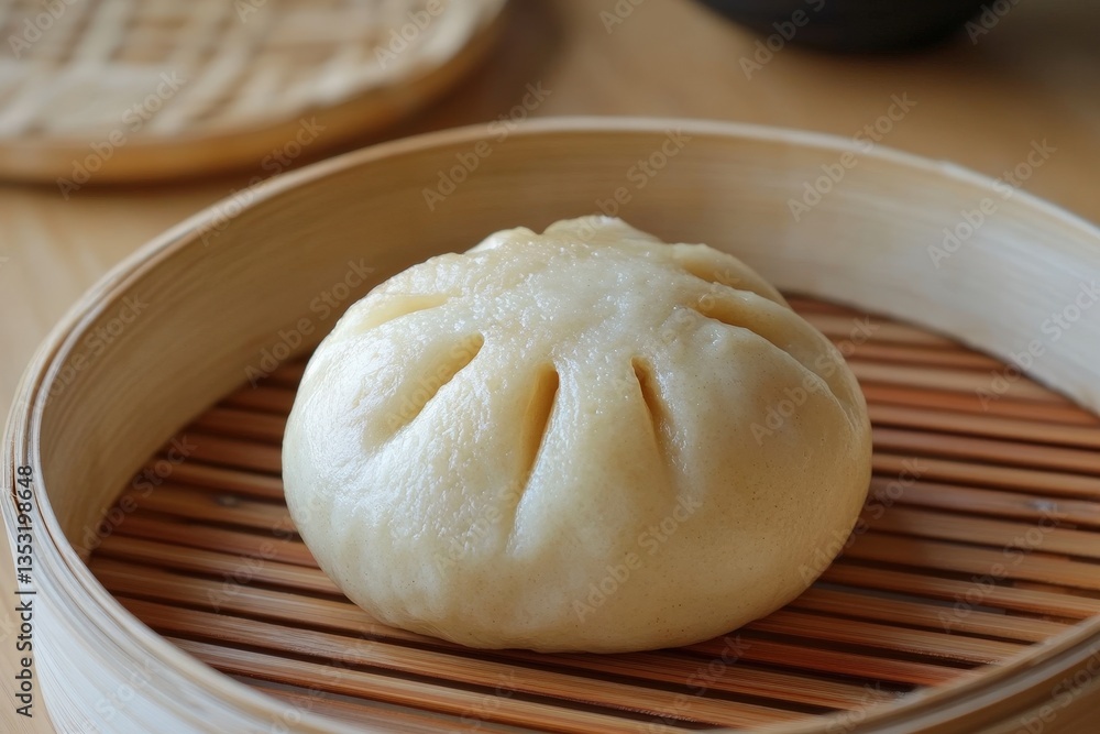 A delicious steamed bun sits inside of a bamboo steamer A delicious steamed bun sits inside of a bamboo steamer