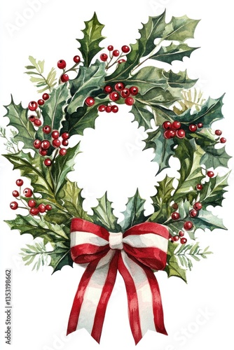 A watercolor painting of a festive wreath with red berries