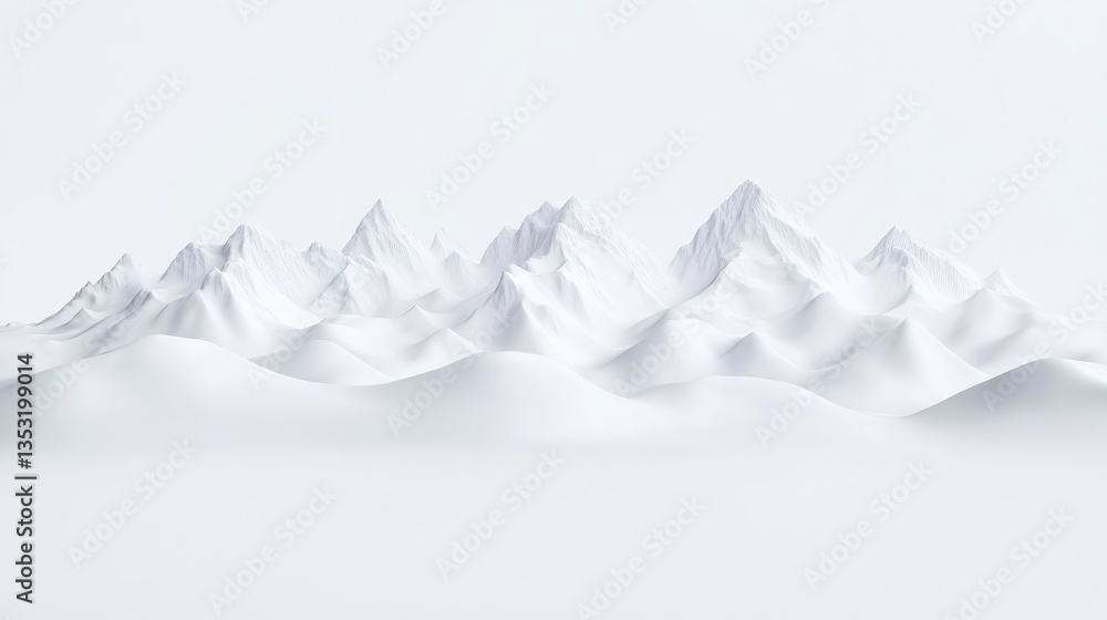 Monochromatic mountain range on plain white background. Detailed, stylized 3D rendering of a snow-capped mountain landscape Monochromatic mountain range on plain white background. Detailed, stylized 3D rendering of a snow-capped mountain landscape