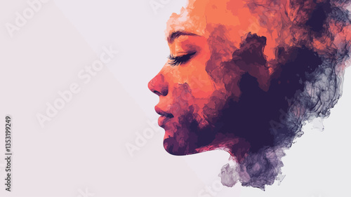 The image is a digital painting or illustration depicting the profile of a woman's face. The style is abstract, with the features not sharply defined but rendered in a blend of warm and cool
