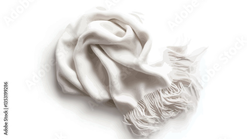 High-angle, close-up shot of an off-white scarf casually draped on a white background. The scarf is made of a soft, smooth fabric with visible texture.  It has a fringed or tasseled edge. The