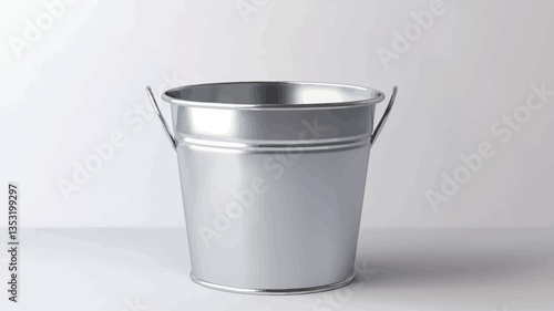 Close-up studio shot of a small, metallic, silver bucket with two small handles. The bucket is cylindrical with a slightly rounded bottom and a slightly wider top. It appears to be made of polished