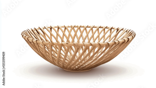 A high-angle, full shot of a shallow, wide bowl made of gold-colored wire. The wire is woven into an intricate, radiating pattern. The bowl is sitting on a white background, with a slight shadow