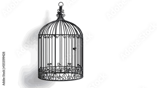 A digital image shows a black metal birdcage against a white background. The birdcage is dome-shaped with a decorative top and a visible, slightly ornate base. The cage is empty.  A subtle shadow