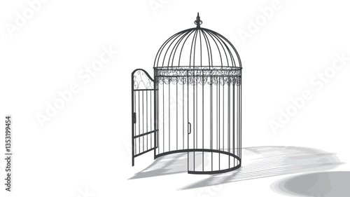 A digital rendering of a large, ornate, black metal birdcage. The cage is cylindrical with a domed top and features decorative detailing. The door is open, revealing the empty interior.  The cage