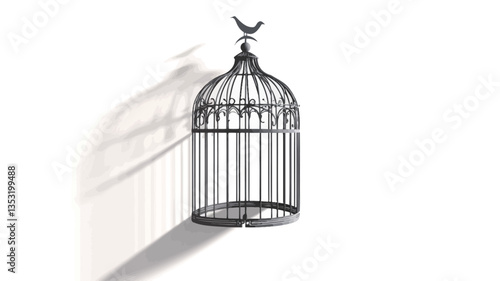 A high-angle, close-up shot of an empty, dark-colored metal birdcage hanging against a bright white wall. The cage is cylindrical with a decorative top featuring a small bird finial. A distinct