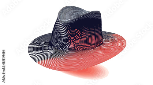 Digital illustration of a fedora hat. The hat features a navy blue crown with a swirling abstract pattern transitioning to a coral red brim.  The style is contemporary and artistic, utilizing a