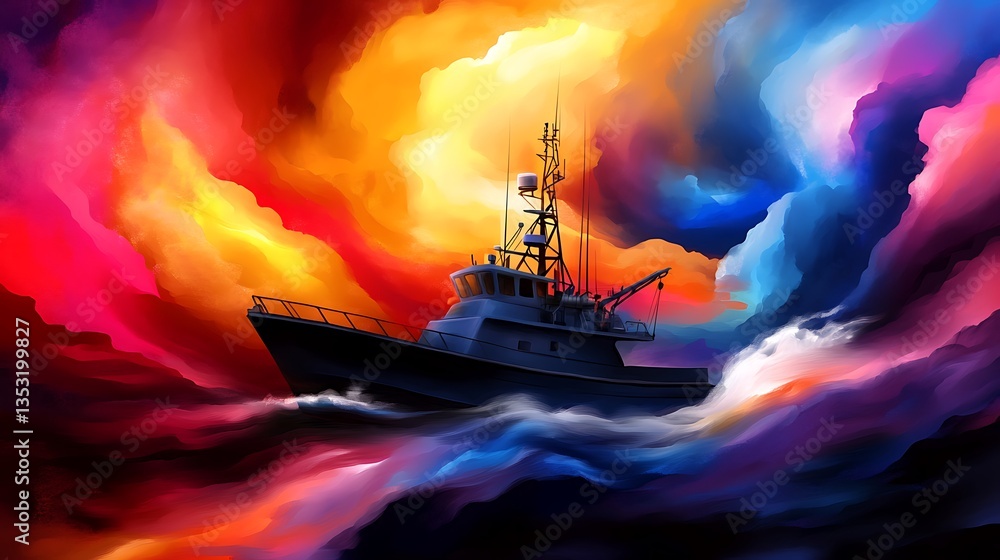 Fototapeta premium Stormy Seas Brave Ship Navigates Vibrant Cloudscape.