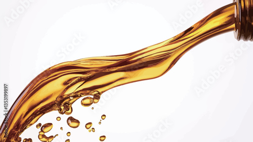 Close-up shot of a viscous, golden-amber liquid pouring from an unseen container against a bright white background. The liquid forms a dynamic, flowing stream with smooth curves and reflective
