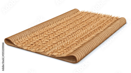 A studio shot of a rolled-up mat. The mat is rectangular and light beige/brown in color. The visible surface displays a repeating wavy texture or pattern.  The mat appears to be made of a fibrous