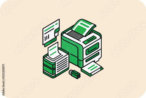 Printer with Documents, Paperwork, Printing Process