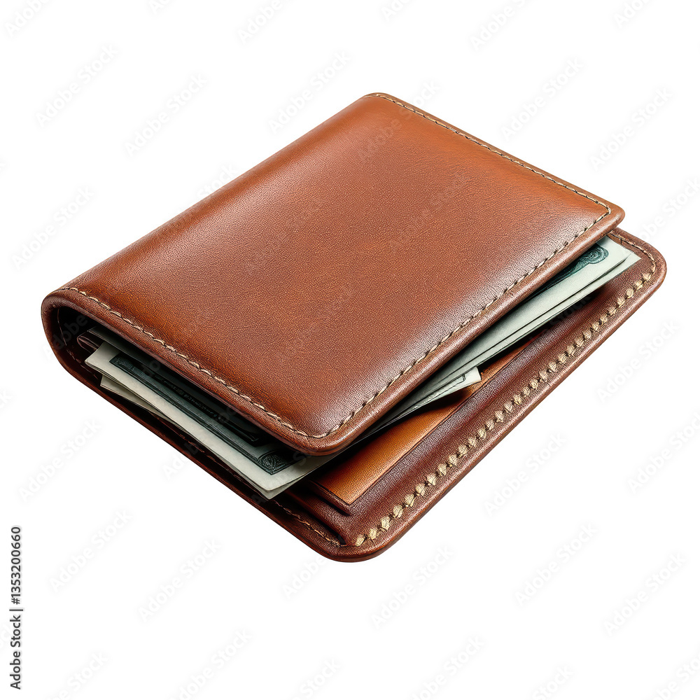 Cognac leather wallet, filled with cash, against white. Cognac leather wallet, filled with cash, against white.