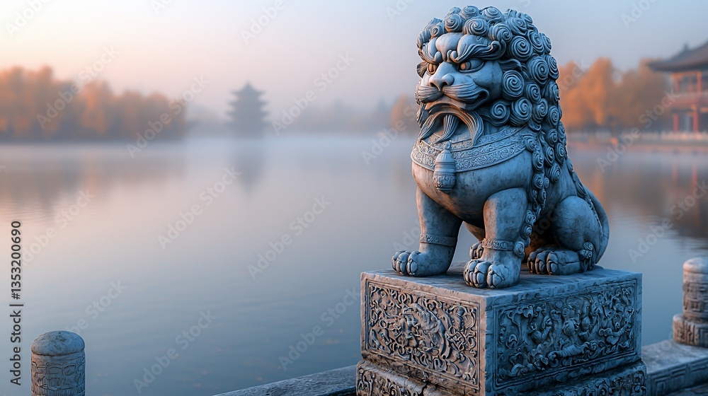 Stone lion statue by misty lake at sunrise.