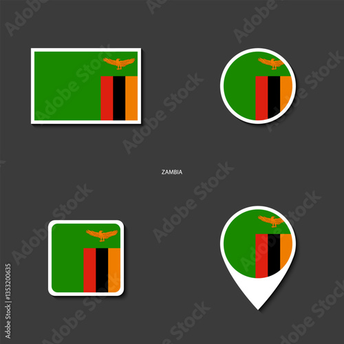 Zambia  flag icon set in different shape (rectangle, circle, square and marker icon) on dark grey background. Zambia sticker icon collection on barely dark background	