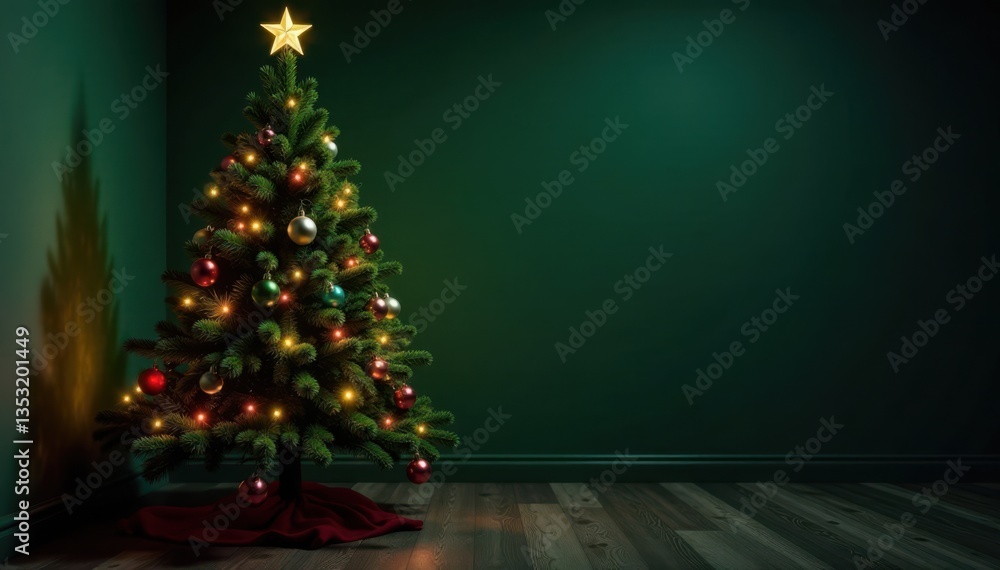 Dark green Christmas tree in a dimly lit room with festive decorations , garland, holly Dark green Christmas tree in a dimly lit room with festive decorations , garland, holly
