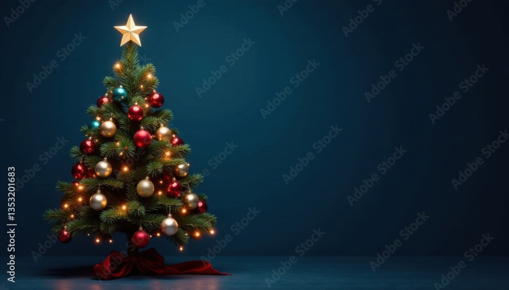 Decorated Christmas tree with ornaments and lights against a dark blue background, holiday cheer, ornaments, festive Decorated Christmas tree with ornaments and lights against a dark blue background, holiday cheer, ornaments, festive