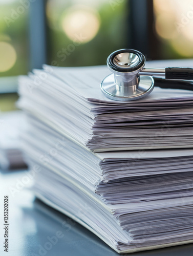 Stack of documents with a stethoscope on top.