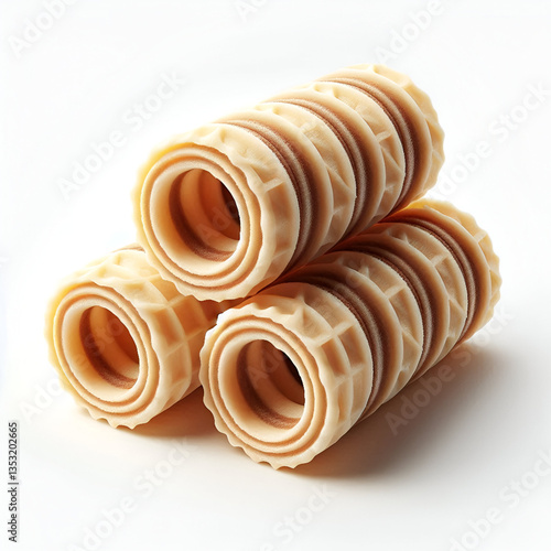Three brown striped wafer rolls isolated on white background.