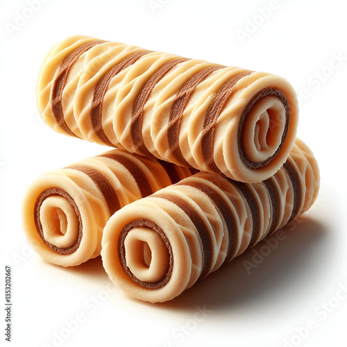 Three brown striped wafer rolls isolated on white background.