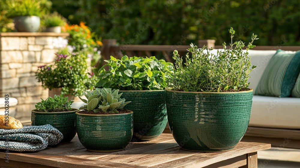 A green herb garden with pots of sage, oregano, and cilantro on a patio table. A green herb garden with pots of sage, oregano, and cilantro on a patio table.