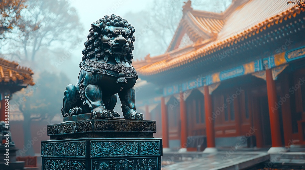 Stone lion statue guarding ancient Chinese temple in misty fog.