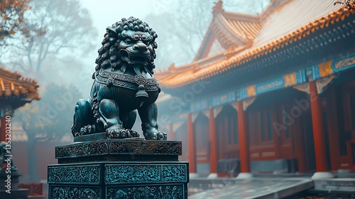 Obraz na płótnie Stone lion statue guarding ancient Chinese temple in misty fog. w salonie