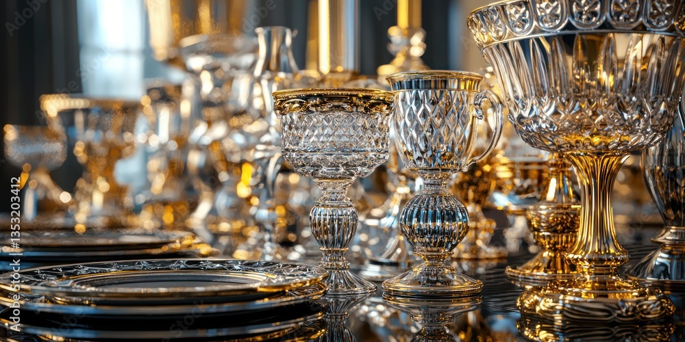 A high-end luxury scene with reflective gold and silver metal accents A high-end luxury scene with reflective gold and silver metal accents