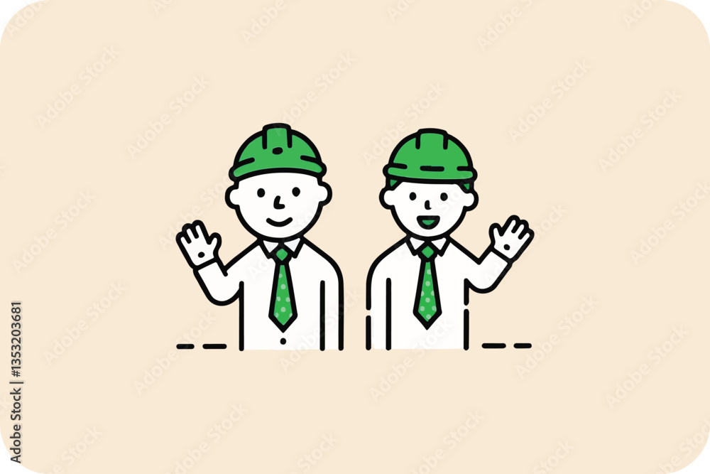 Two Construction Workers Waving, Wearing Helmets, Green Ties Two Construction Workers Waving, Wearing Helmets, Green Ties